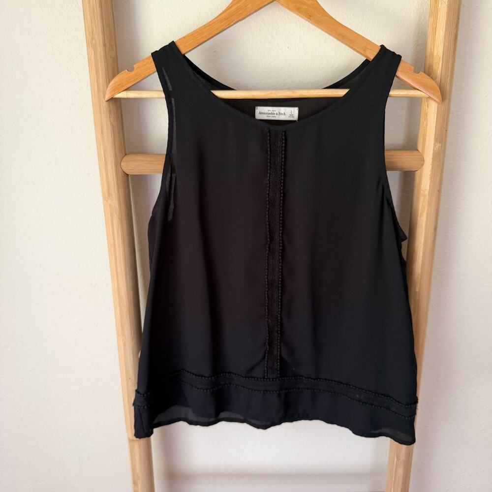 Abercrombie & Fitch Black Sleeveless Chiffon Blouse Crochet Trim Tank Top Large